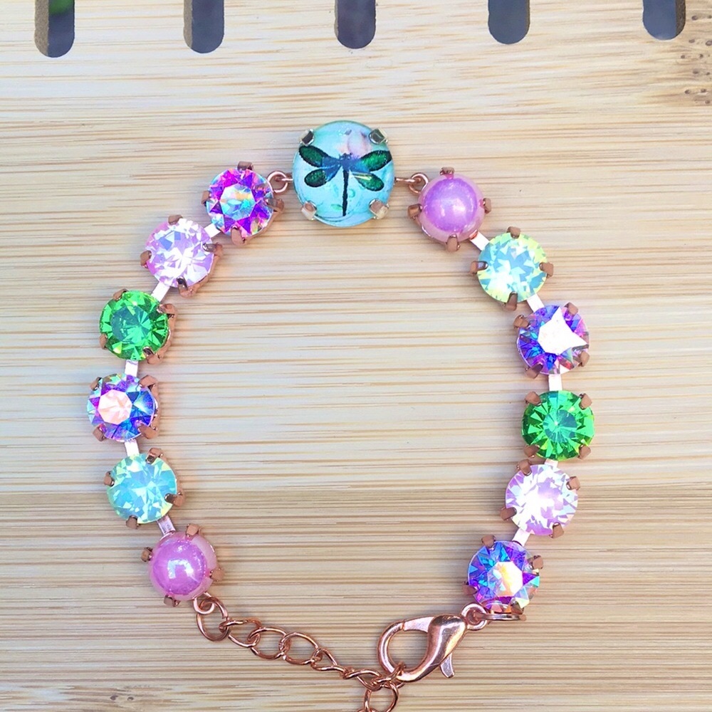 Pink Opal Aurora Borealis + Peridot Dragonfly Charm Crystal Tennis Bracelet - Picture 10 of 16